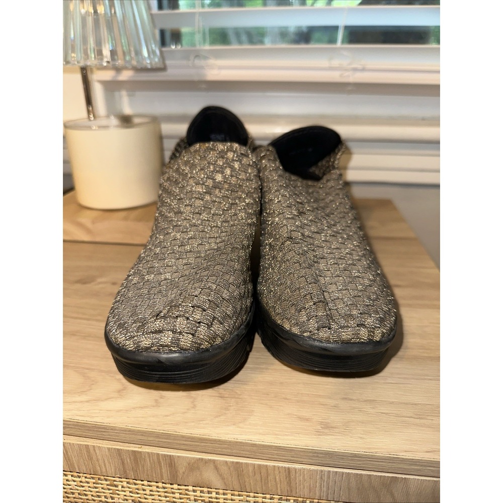 Corkys Featherlite Tent Black Gold Woven‎ Slip On Wedges Shoes Size 9 - Picture 2 of 7